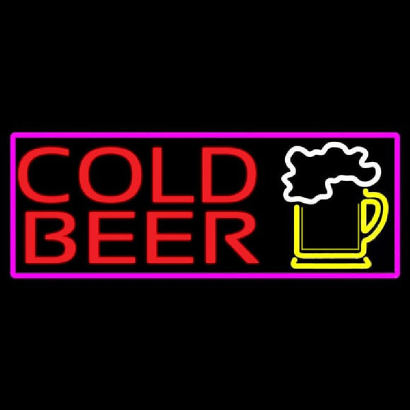 Cold Beer And Beer Mug With Pink Border Handmade Art Neon Sign