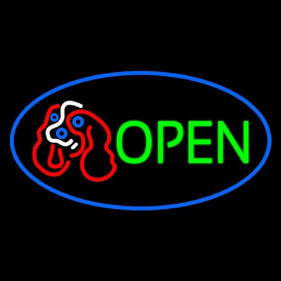 Dog Logo Open Blue Oval Handmade Art Neon Sign