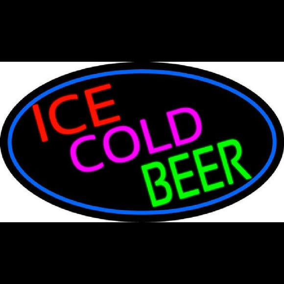 Ice Cold Beer Oval With Blue Border Handmade Art Neon Sign