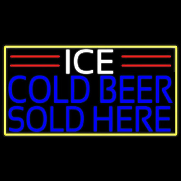 Ice Cold Beer Sold Here With Yellow Border Real Neon Glass Tube Handmade Art Neon Sign