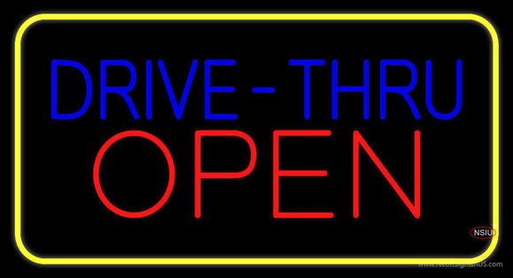 Blue Drive-Thru Red Open Yellow Border Neon Sign