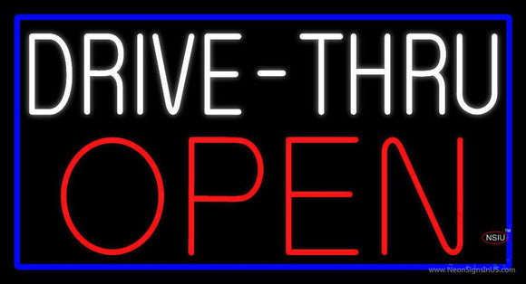 White Drive-Thru Red Open with Blue Border Neon Sign