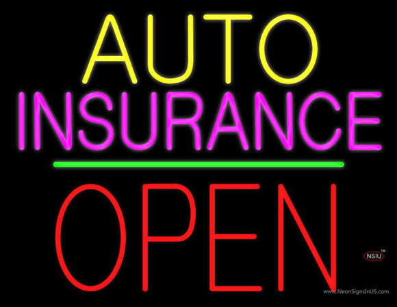 Auto Insurance Open Block Green Line Neon Sign