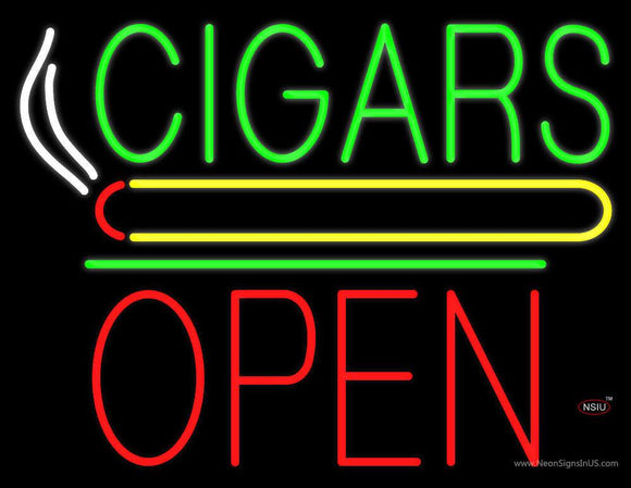 Cigars Open Block Green Line Neon Sign