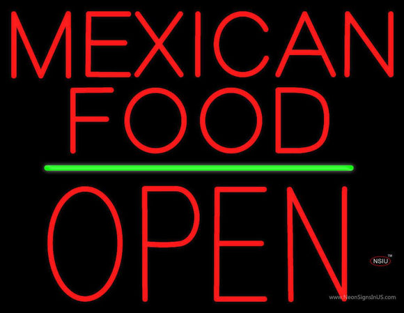 Mexican Food Block Open Green Line Neon Sign