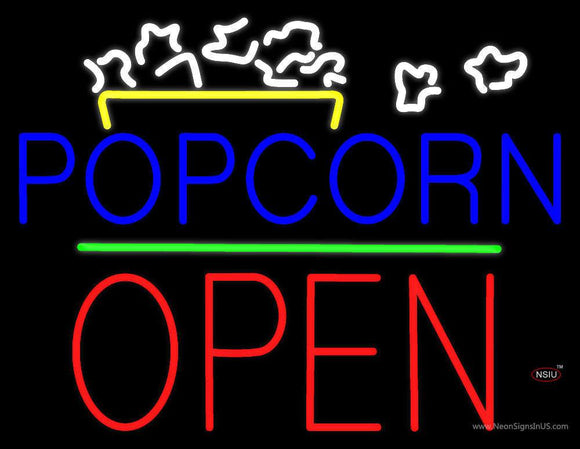 Popcorn Logo Open Block Green Line Neon Sign