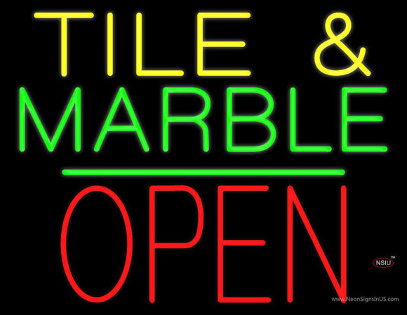 Tile and Marble Block Open Green Line Neon Sign