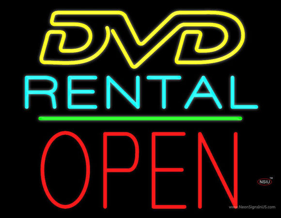 DVD Rental Open Block Green Line Neon Sign
