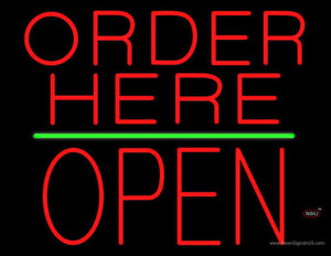 Order Here Block Open Green Line Neon Sign