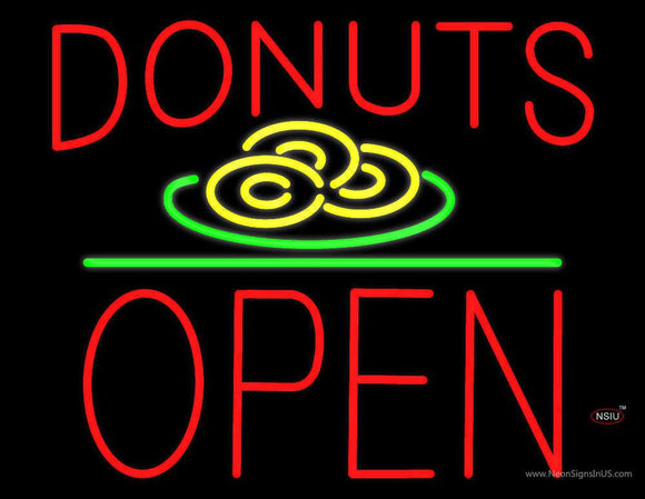 Donut Red and Logo Block Open Green Line Neon Sign