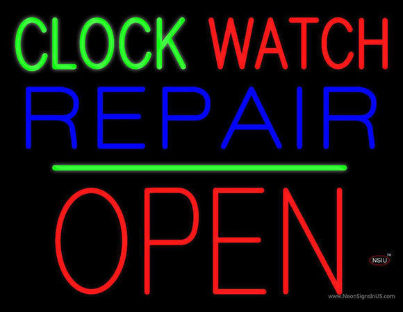 Clock Watch Repair Block Open Green Line Neon Sign