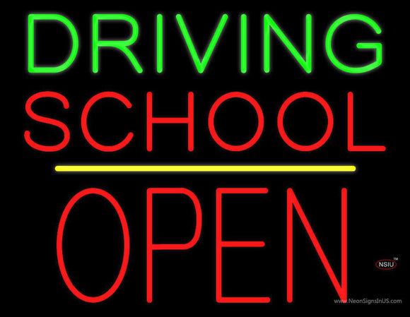 Driving School Open Block Yellow Line Neon Sign
