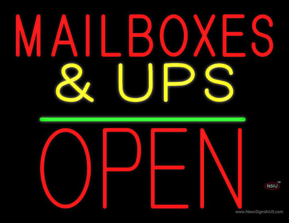 Mail Boxes & UPS Open Block Green Line Neon Sign