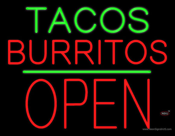 Tacos Burritos Block Open Green Line Neon Sign