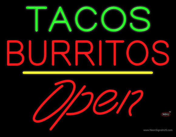Tacos Burritos Open Yellow Line Neon Sign