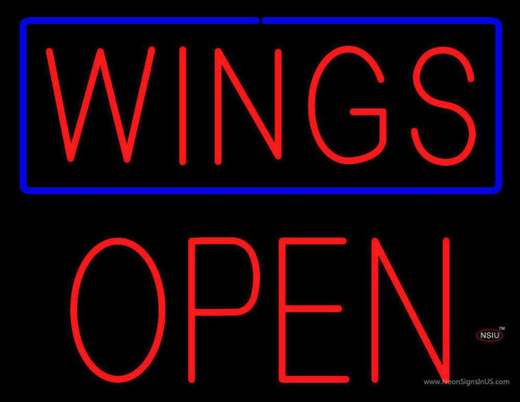 Wings with Blue Border Block Open Neon Sign