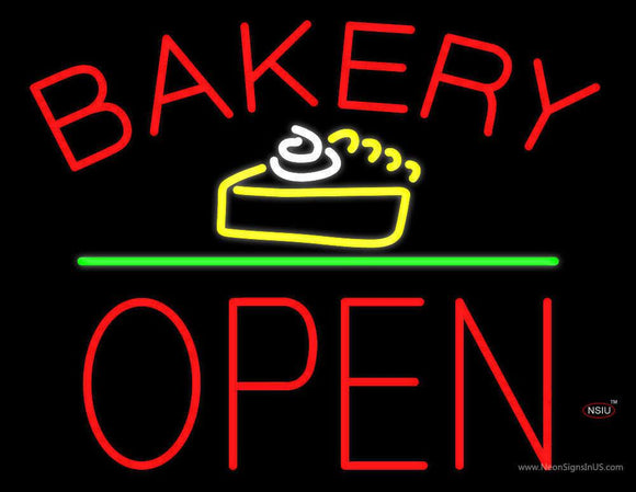 Bakery Logo Block Open Green Line Neon Sign