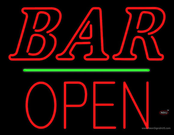 Bar Block Open Green Line Neon Sign