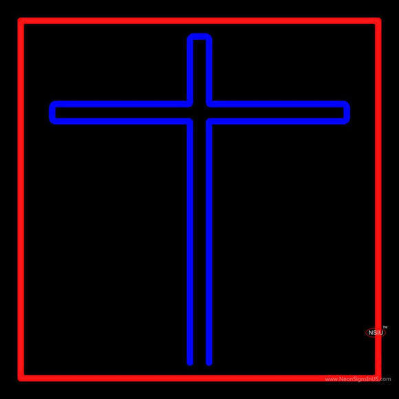 Blue Christian Cross Red Border Neon Sign