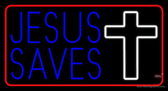 Blue Jesus Saves White Cross Neon Sign