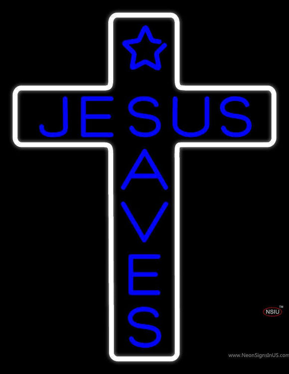 Blue Jesus Saves White Cross With Border Neon Sign