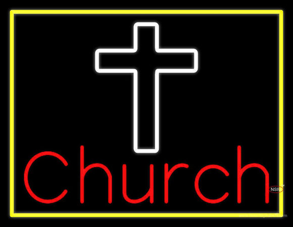 Church With Cross Yellow Border Neon Sign