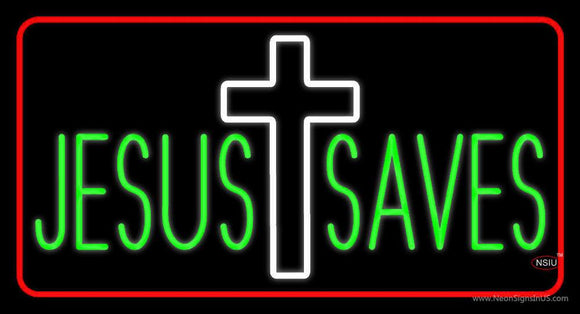 Jesus Saves White  Cross Red Border Neon Sign