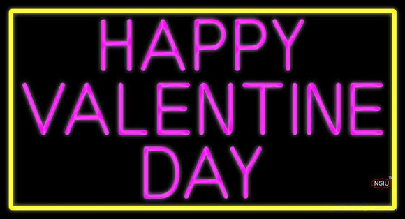 Pink Happy Valentines Day With Yellow Border Neon Sign