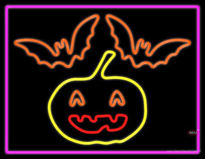 Pumpkin And Bats With Pink Border Neon Sign