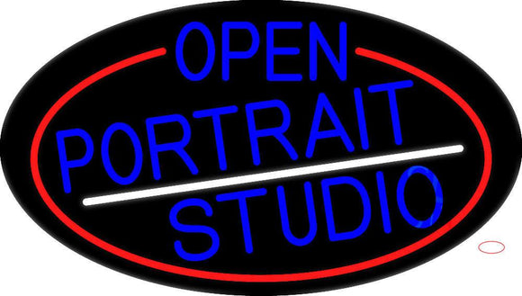Blue Open Portrait Studio Oval With Red Border Neon Sign