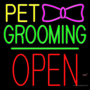 Pet Grooming Logo Block Open Green Line Neon Sign