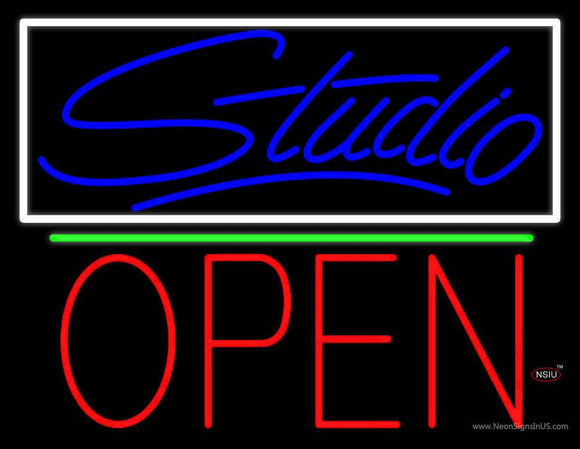 Blue Studio With Open  Neon Sign