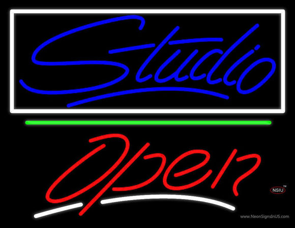 Blue Studio With Open  Neon Sign
