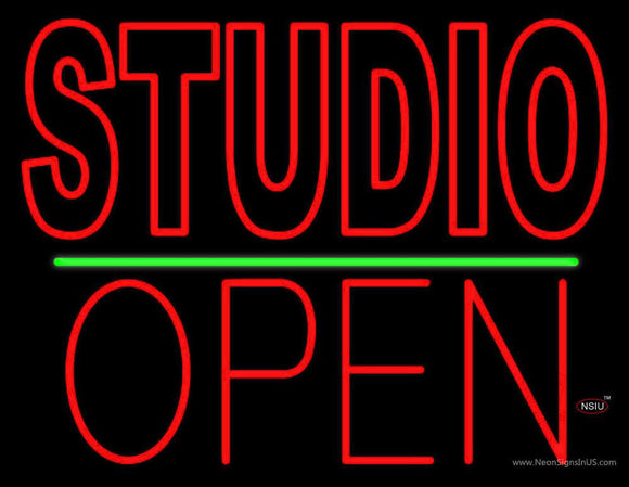 Double Stroke Red Studio With Open  Neon Sign