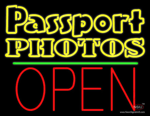 Passport Photos Block With Open  Neon Sign