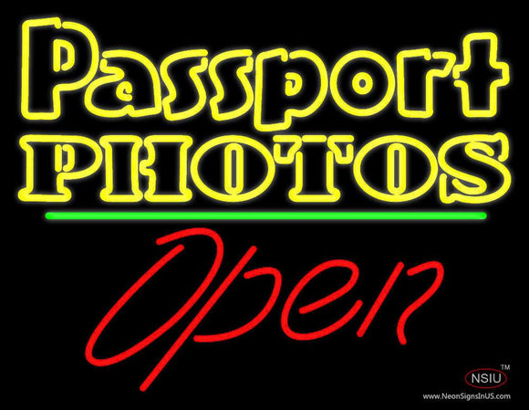 Passport Photos Block With Open  Neon Sign