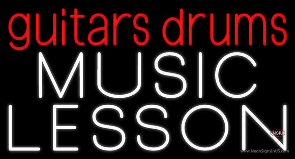 Red Guitar Drums White Music Lesson Neon Sign