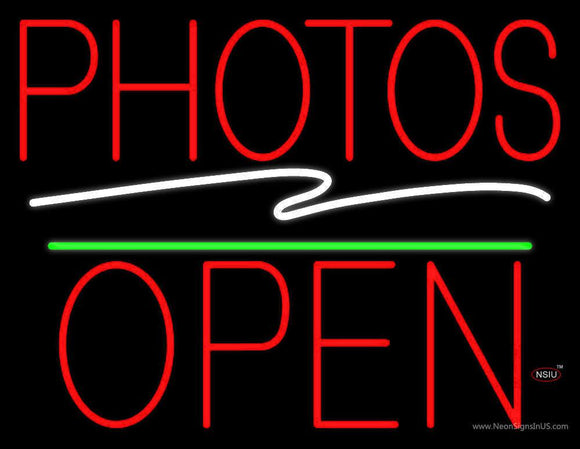 Red Photos Block With Open  Neon Sign