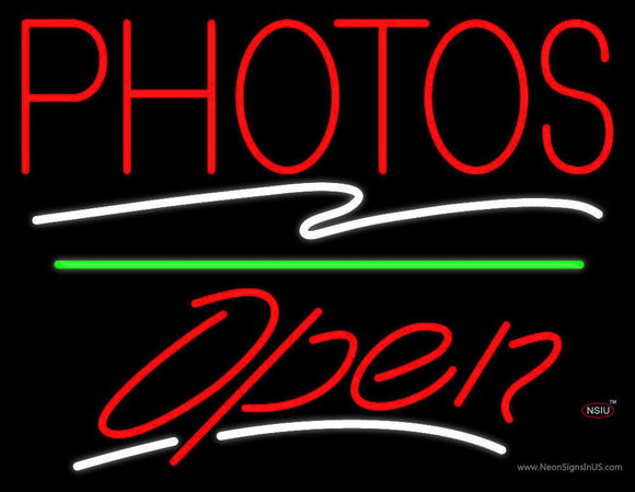Red Photos Block With Open  Neon Sign