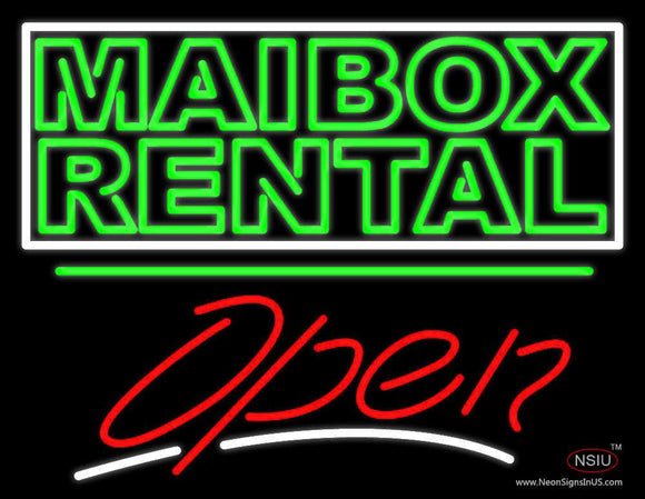 Green Mailbox Rental Block With Open  Neon Sign