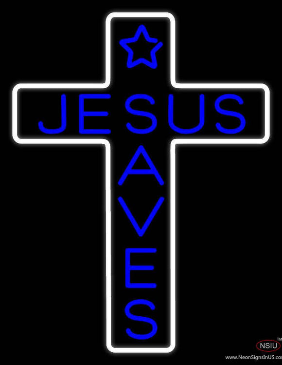 Blue Jesus Saves White Cross With Border Real Neon Glass Tube Neon Sign