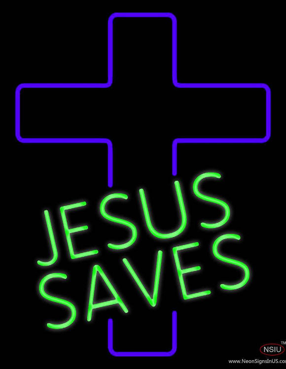 Green Jesus Saves Purple Cross Real Neon Glass Tube Neon Sign