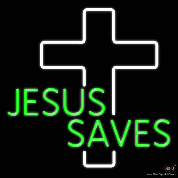 Green Jesus Saves White Cross Real Neon Glass Tube Neon Sign