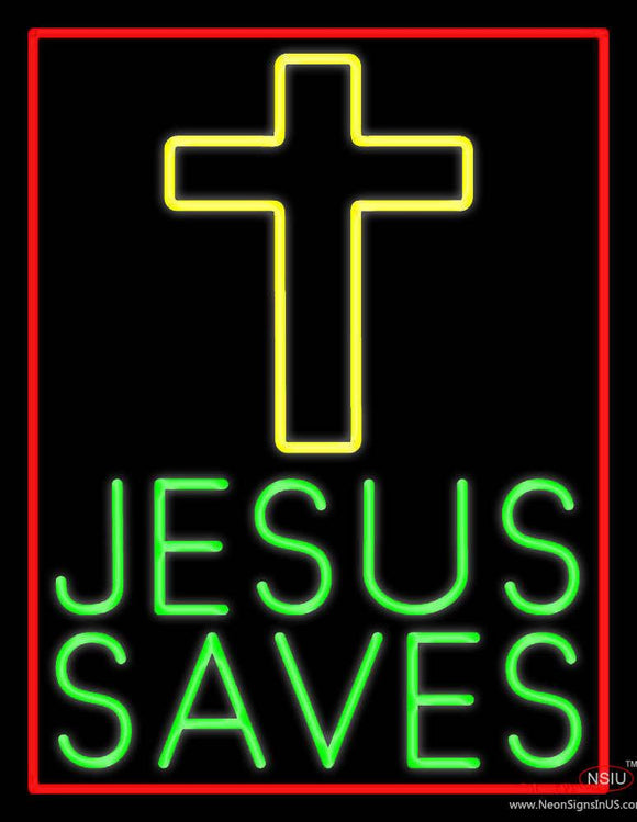 Green Jesus Saves Yellow Cross Real Neon Glass Tube Neon Sign