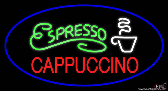 Oval Espresso Cappuccino with Blue Border Real Neon Glass Tube Neon Sign