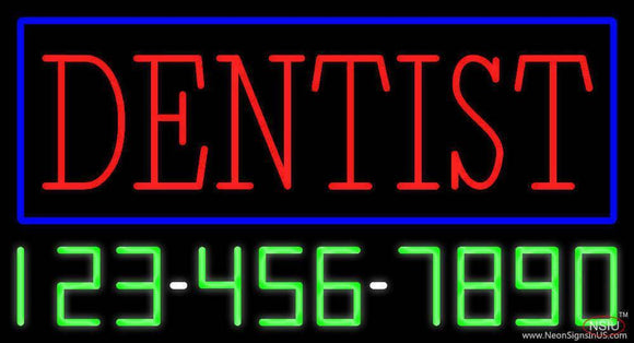 Red Dentist Blue Border with Phone Number Handmade Art Neon Sign