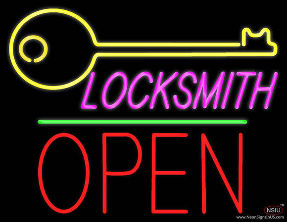 Locksmith Logo Block Open Green Line Real Neon Glass Tube Neon Sign