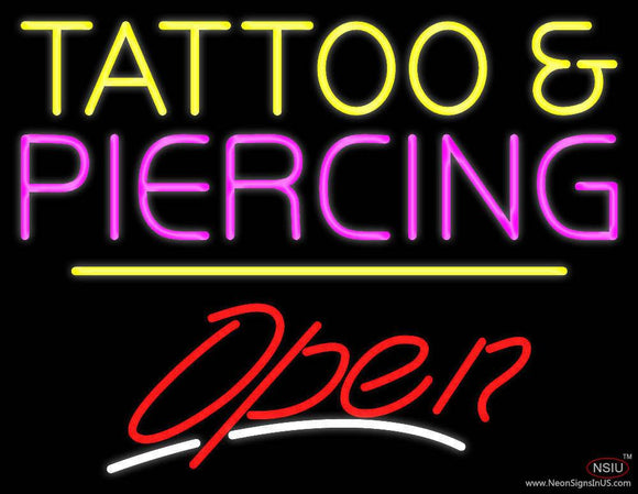 Tattoo and Piercing Open Yellow Line Real Neon Glass Tube Neon Sign