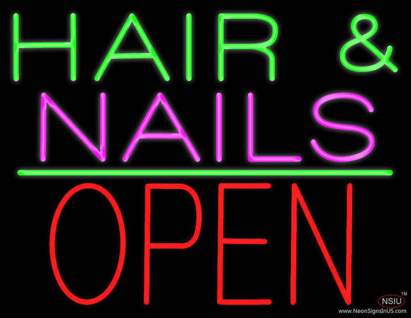 Hair and Nails Block Open Green Line Real Neon Glass Tube Neon Sign