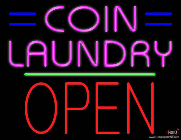 Coin Laundry Block Open Green Line Real Neon Glass Tube Neon Sign